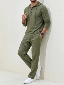 DAZY Spring/Autumn Military Green Hooded Pullover Button Half-Zip Elastic Waist Pants Men's Hoodie Set - Army Green - View 4