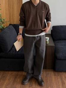 DAZY Autumn/Winter Brown Marled Knit Men's Sweater With Metal Label Design, V-Neck, Ribbed Cuffs And Hem - Rust Brown - View 5