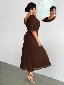 Firerie Plus Size Asymmetrical Neckline Pleated Dress - Brown - View 2