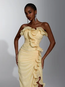 Elitara Elegant Pale Yellow One-Shoulder Ruched Organza Evening Gown With Ruffle Trim, High Slit And Floor-Length Fitted Silhouette For Wedding Guest, Bridesm - Yellow - View 6