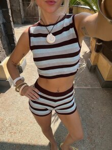 Aloruh 女款棕色條紋短版針織背心與針織短褲套裝 度假夏季海濱風休閒熱帶風 - 彩色 - 查看 5