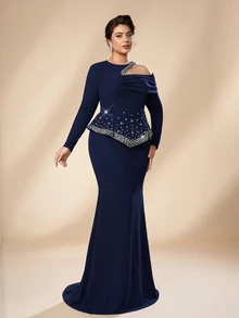 Serin Plus Size Elegant Minimalist Navy Blue Asymmetric Shoulder Design Handmade Rhinestone Decor 2 In 1 Mermaid Long Dress Suitable For Ball, Holiday Party, Formal Evening Event, Wedding, Mother Of The Bride Dress - Navy Blue - View 7