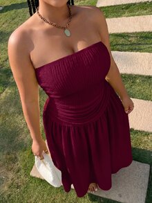 Muchica Plus Size Women Solid Color Pleated Casual Party Strapless Dress - Burgundy - View 3