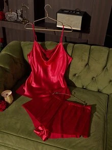 SilkySpell Plus Size Red Camisole & Shorts Set, Lace Patchwork Sexy Sleepwear - Red - View 2