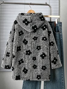 青少年女孩秋冬款黑白條紋花卉抓絨連帽開襟長袖中長版外套，寬鬆大碼休閒日常外衣 - 黑與白 - 查看 2