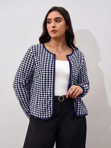 SHEIN Clasi 大尺碼復古優雅長袖粗花呢夾克，適合商務辦公 - 藍白色 - 查看 4