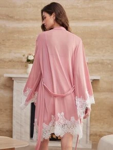 Moireta Women's Sweet Lace Patchwork Dress With Long Sleeve Cardigan Pajama Set - Dusty Pink - View 2