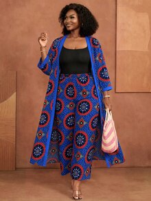 BrightlyHer Plus Size Floral Print Jacket And Loose Pants 2 Pieces Set Vacation Brunch Formal Vacation Blue And Yellow Autumn Boho Elegant Soft Form - Royal Blue - View 1