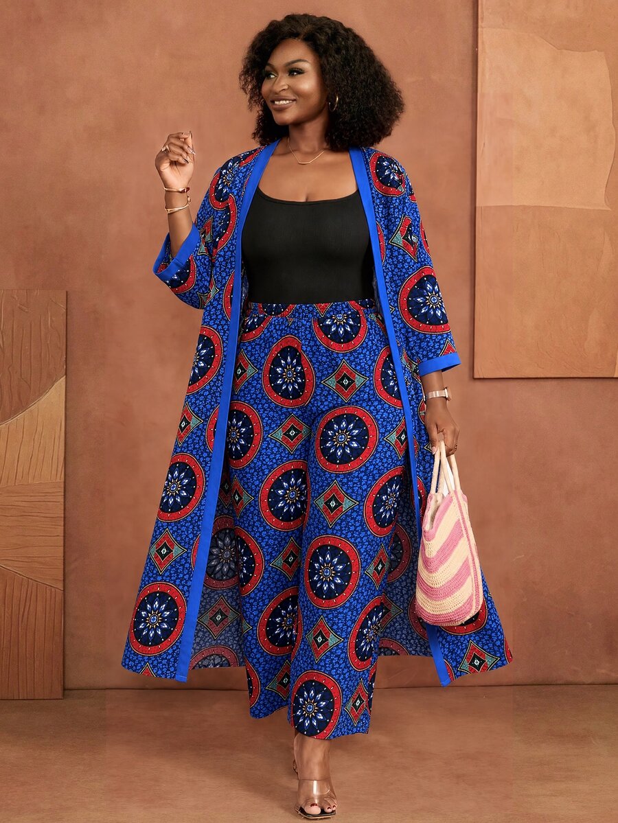 BrightlyHer Plus Size Floral Print Jacket And Loose Pants 2 Pieces Set Vacation Brunch Formal Vacation Blue And Yellow Autumn Boho Elegant Soft Form - Royal Blue - View 1