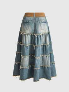 ROMWE Spring Summer Autumn Vintage Fairycore Multi-Layer Ruffle Patchwork A-Line Umbrella Skirt Long Skirt Retro Distressed Washed Denim Skirt For Women - Medium Wash - View 2