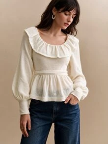 CielaLinda Damtröja i mohair med volang, ballongärmar och peplum, vit stickad topp - Grädde - Visa 7