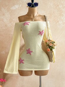 Soleia Women's Yellow Off-Shoulder Long Sleeve Knit Dress For Autumn/Winter Vacation - Yellow - View 1