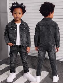 SHEIN Kids 2Pcs/Set Young Boy Distressed Vintage Basic Frayed Blue Denim Long-Sleeved Jacket And Cargo Jeans, Fall/Winter , For Young Boys Back To School - Black - View 2