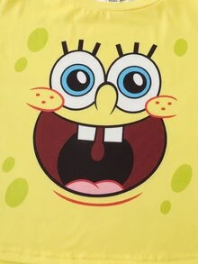 SpongeBob SquarePants | SHEIN Women's Round Neck Short Sleeve T-Shirt And Shorts Pajama Set - Yellow - View 4