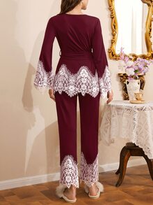 Côtesoire Set Piyama Wanita Renda Warna Kontras Elegan, Gaya Prancis Selatan - Burgundy - View 2