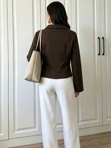 Elenzga Women's Solid Color Short Tweed Shirt - Brown - View 2