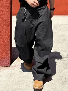 DAZY 春秋條紋水洗彎腿寬鬆錐腿鈕扣設計大尺碼男士牛仔褲 - 黑色 - 查看 3
