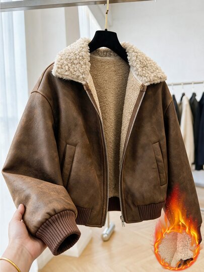SHEIN Elladie kids Tween Girl) Brown Zipper Lapel Ribbed Cuff Streetwear Cute Cool Versatile Motorcycle PU Leather Loose Jacket Autumn/Winter Outfit, Fleece School