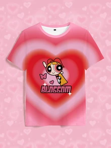 THE POWERPUFF GIRLS X SHEIN Blossom 可愛卡通印花粉色漸層愛心滿版印花女款T恤 - 白色 - 查看 3