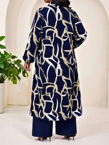 SHEIN Lady 大尺碼時尚通勤全印花襯衫與長褲兩件套 - 藏蓝色 - 查看 2
