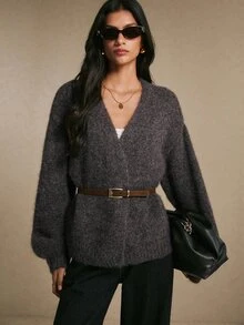 Poéselle Women's Charcoal Gray Fuzzy Wrap Cardigan – Soft V-Neck Open-Front Long-Sleeve Sweater With Relaxed Oversized Fit Brown Sweater Fall Winter Sweater - Brown - View 1