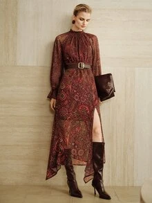Arave Elegant Mature Style Lace Collar Waist-Cinching Design Flared Sleeve Geometric Print Side Slit Mid-Length Dress For Women - Multicolor - View 6