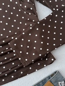 SHEIN 青少年女孩棕色波點方領修身長袖秋季上衣 T-shirt，白色上衣，長袖上衣，秋季穿搭，可愛，復古，休閒 - 棕色 - 查看 4