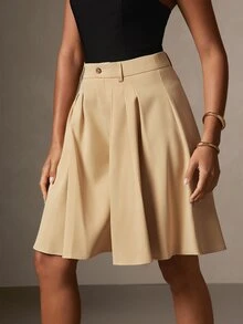 Hauture Celana Pendek Capri Lipit Kaki Lebar Warna Polos Kasual Seksi untuk Wanita - Khaki - View 3