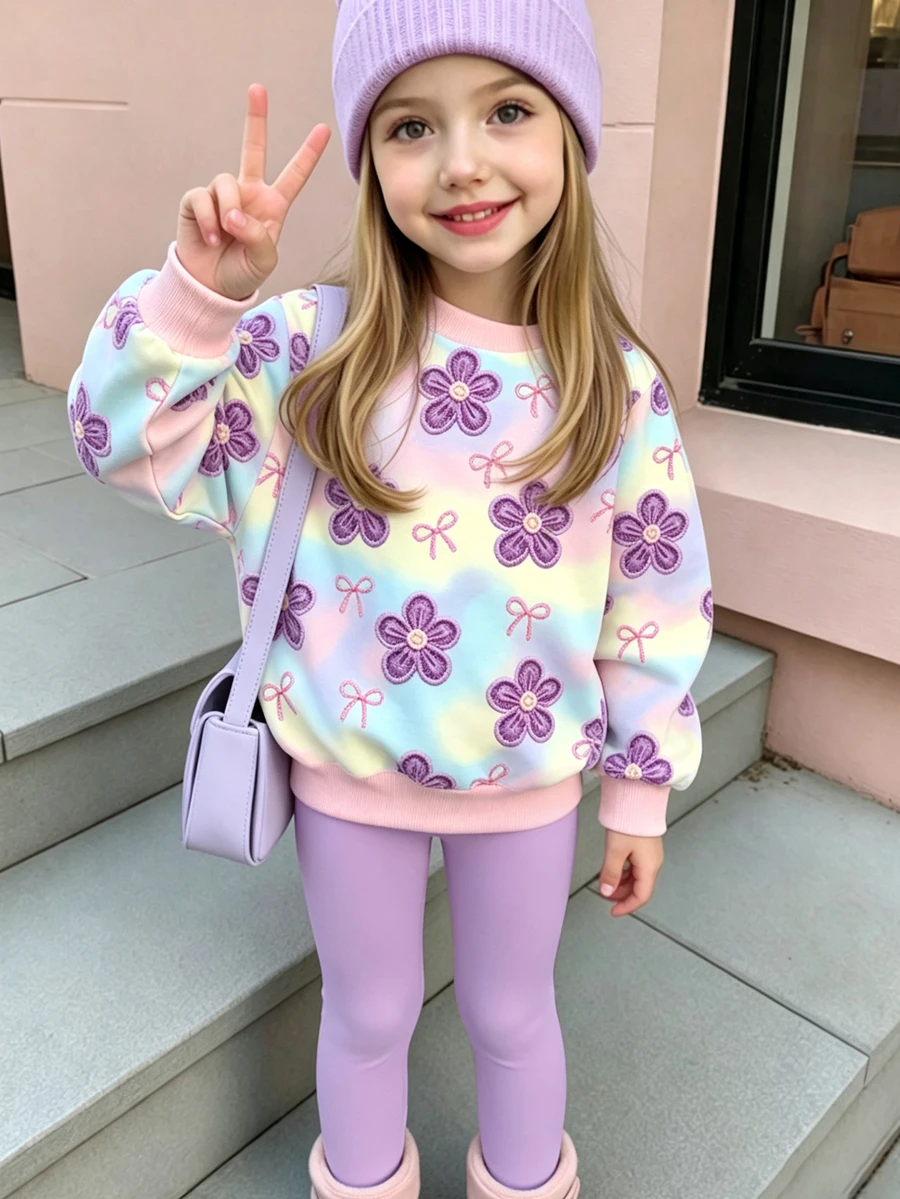 幼童女童紮染花卉蝴蝶結印花圓領衛衣 + 純色彈性內搭褲休閒兩件套 - 彩色 - 查看 1