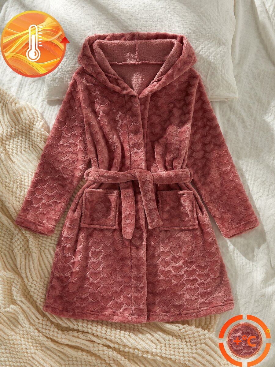 Jubah Mandi Bulu Halus Wanita, Gaya Manis dengan Motif Jacquard Hati 3D Timbul, Kain Flanel Merah Muda Pudar, Jubah Berkerudung Tebal dan Lembut, 1 Buah - MultiWarna - View 1