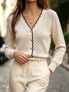 Balvessa Women's Colorblock V-Neck Casual Versatile Daily Outing Cardigan - Apricot - View 3