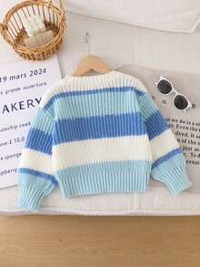 SHEIN 1件女童幼兒套頭毛衣，圓領，簡約經典拼色條紋，短版，百搭清新休閒可愛風，適中厚度，整齊下擺，緊口袖口，細膩柔軟親膚質感，觸感滑順，適合日常穿著、上學、外出、旅行，秋冬款 - 彩色 - 查看 2