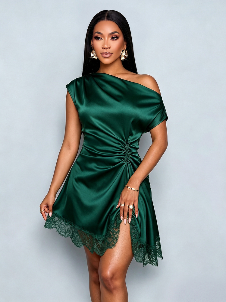 SOLERSUN Stylish And Elegant Satin Slanted Neckline Drawstring Lace Patchwork Irregular Hem Party Mini Dress - Dark Green - View 5
