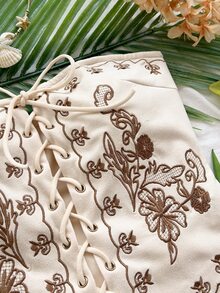 Soleia Plus Size Vacation Embroidered Criss-Cross Tie Straps Bandeau Top Winter - Apricot - View 3