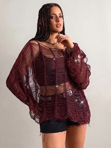 Freevana Plus Size Slash Neck Distressed Fr Halloween Going Out Club Dark Purple Autumn Sexy Business Casual - Burgundy - View 4