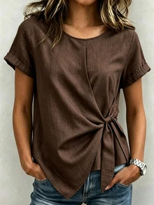 SHEIN Women's Bamboo Knot Texture Round Neck Tie-Up Top, Khaki Color, Summer Style, Casual Elegant, Unique Versatile, Daily & Vacation Wear, Holiday Outdoor Light Gray Top - Brown - View 4