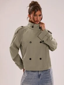 SHEIN BAE Veste femme couleur unie col montant décontractée polyvalente pour usage quotidien et voyage manches longues - Kaki - Voir 4
