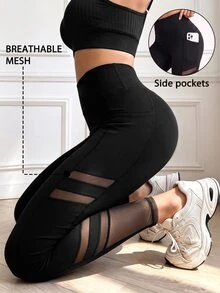 Slayform Women's Mesh Patchwork High Waist Seamless Sports Leggings - Black - View 3