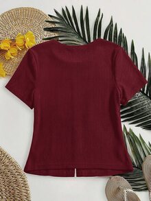 SHEIN Essnce Plus Size Summer Casual Solid Color Front Button T-Shirt - Burgundy - View 2