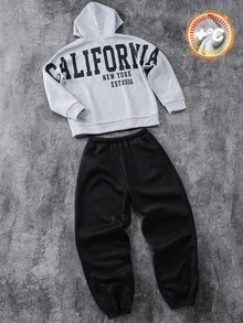SHEIN 2件組兒童青少年男孩休閒韓系寬鬆灰色連帽衛衣與黑色運動長褲套裝，基礎上衣，適合秋冬，秋季穿搭，冬季穿搭，學校，家庭聚會，運動 - 彩色 - 查看 3