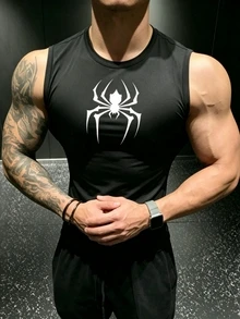 GymBeat 男士蜘蛛圖案休閒日常運動背心健身上衣 - 黑色 - 查看 3