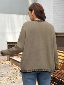 SHEIN LUNE Plus Size Fashion Minimalist Striped Colorblock Pocket Knit Cardigan - Khaki - View 8