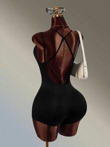 Amplova Women's Double Strap Thin Strap Backless One-Piece Tight Shorts - Black - View 10