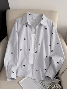 SHEIN Teen Girls Autumn New Blue & White Striped Cherry Pattern Loose Long Sleeve Shirt - Grey - View 6