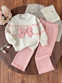 New Fashion Versatile Cute Girls' Heart & Bow Knit Sweater Set, Soft & Comfortable, Suitable For Daily Wear, Outings, Travel, Vacation, Home, And Festivals - Pink - View 1