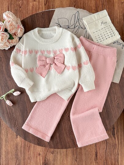 Set Sweater Rajut Motif Hati & Pita Lucu dan Serbaguna untuk Anak Perempuan, Lembut & Nyaman, Cocok untuk Pemakaian Sehari-hari, Jalan-jalan, Perjalanan, Liburan, di Rumah, dan Festival
