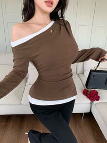 Feyla Women's Asymmetric Shoulder Colorblock Casual Versatile Daily Wear T-Shirt - Brown - View 5