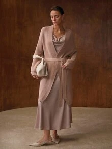 MOTF PREMIUM Cardigan Wanita Warna Polos dengan Hiasan Batu Permata Imitasi, Potongan Longgar, dan Sabuk. - Aprikot - View 6