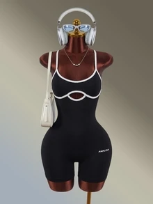 Amplova Jumpsuit Olahraga Terusan Wanita Motif Blok Warna Hitam Putih dengan Tali Bahu Tipis - Hitam dan Putih - View 3