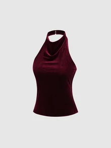 Sweetra Autumn Fashion Design New Elegant Commuter Draped Neck Draped Backless Tie-Up Deep Red Vintage Women's Tank Top For Daily Wear - Burgundy - View 3